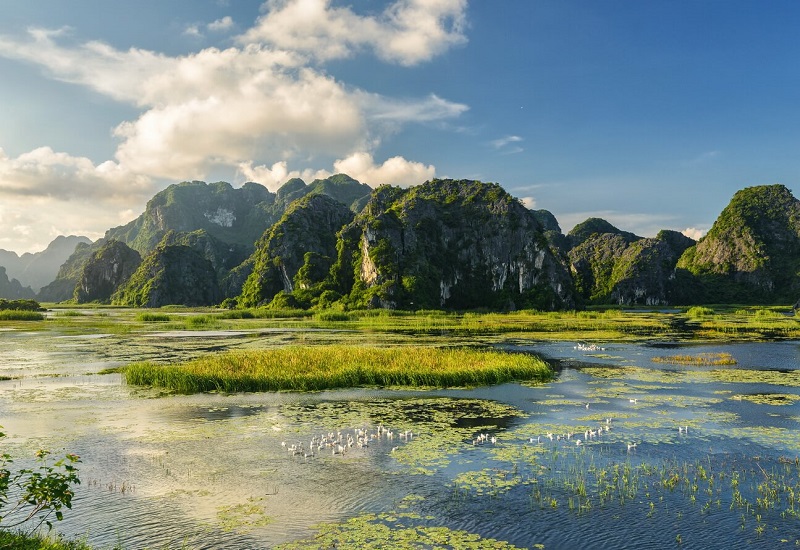 Ninh Binh landscape with limestone mountains and rice fields