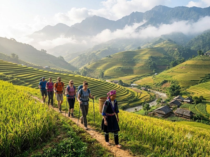 Sapa trekking through rice terraces in Northern Vietnam